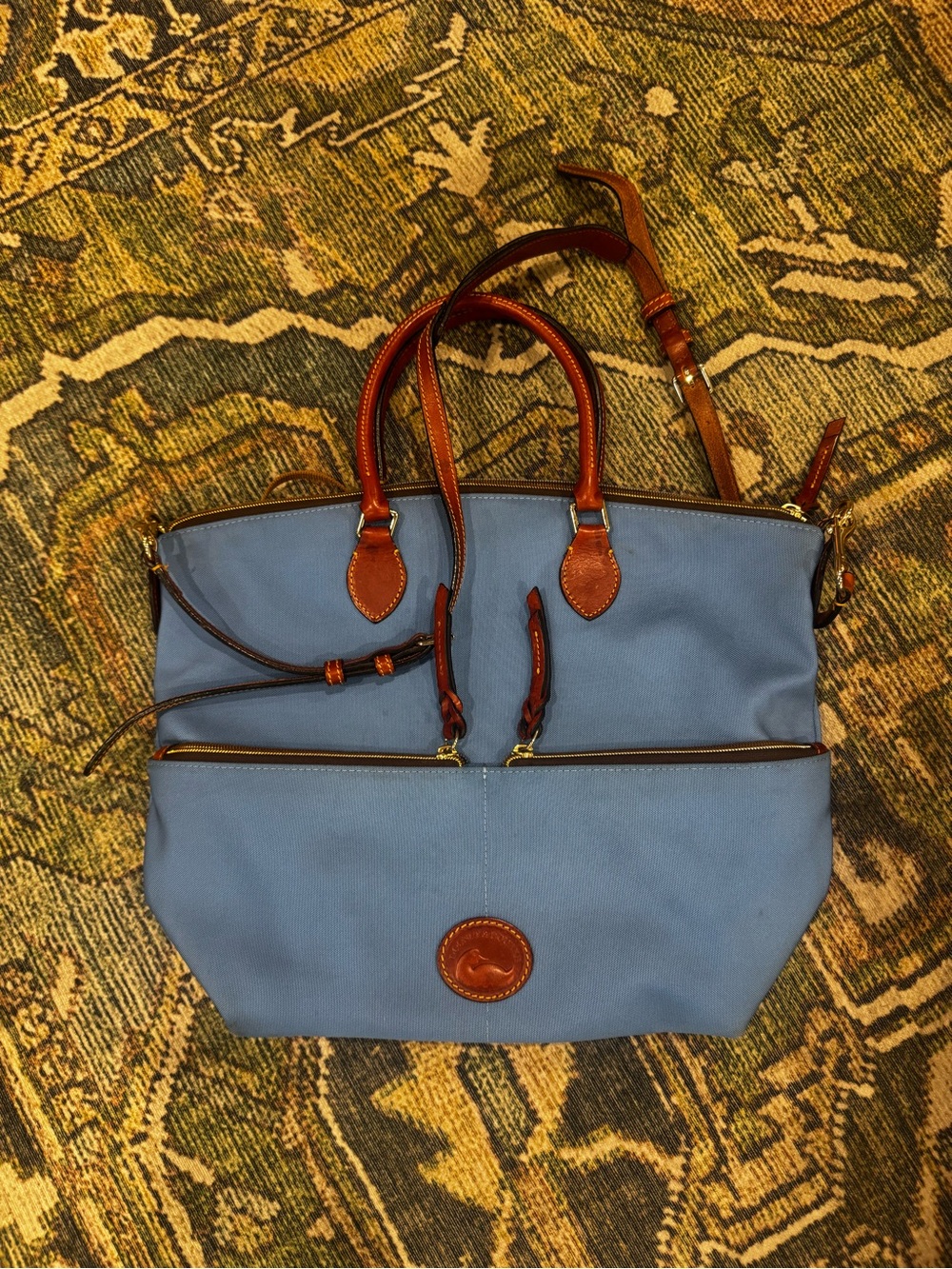 Dooney & Bourke Light Blue Tote with Brown Leather Logo Patch